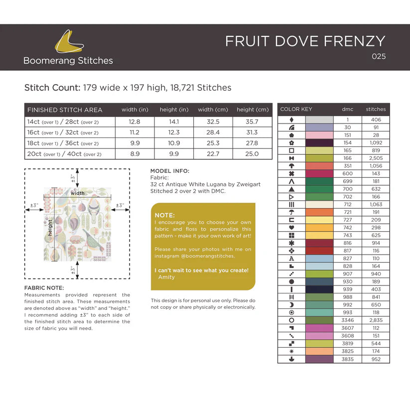 Fruit Dove Frenzy - Boomerang Stitches - Cross Stitch Pattern