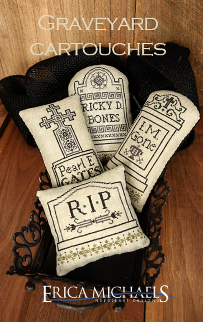 PREORDER Graveyard Cartouches Hearts - Erica Michaels - Cross Stitch Pattern
