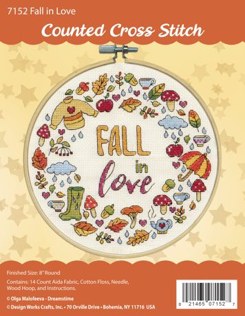 Design Works Counted Cross Stitch Kit With Hoop 8" - Fall In Love