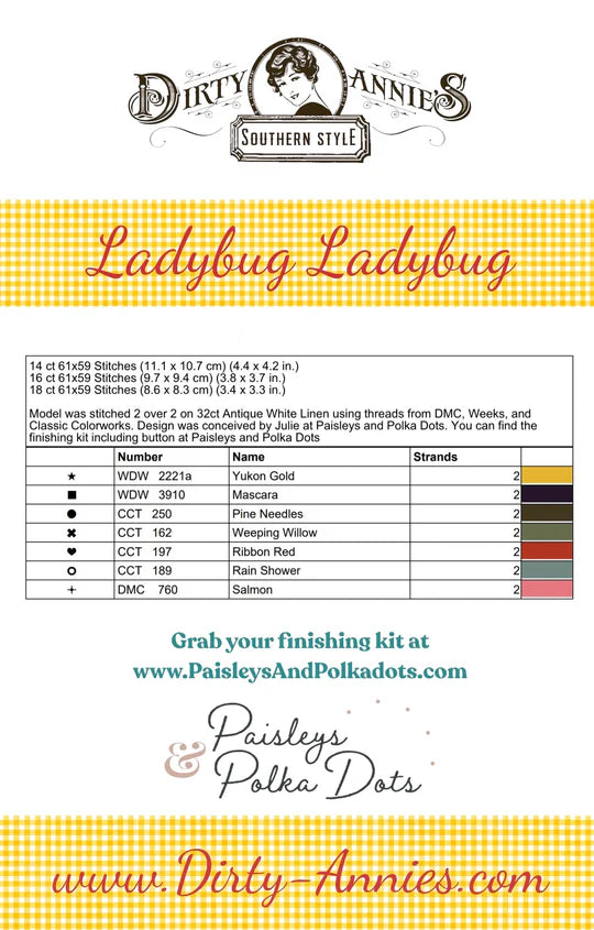 Ladybug Ladybug - Dirty Annie's - Cross Stitch Pattern, Needlecraft Patterns, Needlecraft Patterns, The Crafty Grimalkin - A Cross Stitch Store