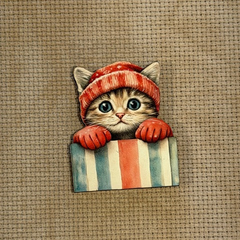 Tabby Cat Christmas Present Wooden Magnetic Needle Minder