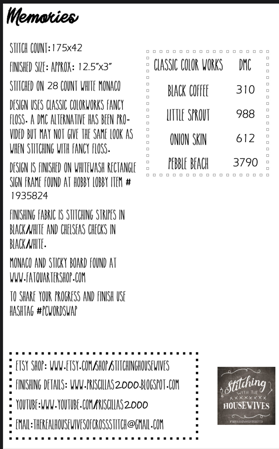 Memories - Word Swap Series - Stitching with the Housewives - Cross Stitch Pattern