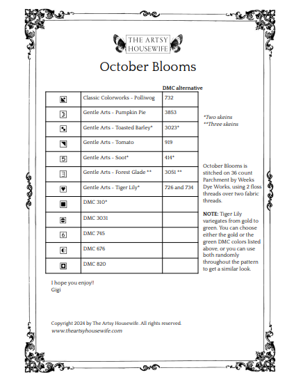 October Blooms - The Artsy Housewife - Cross Stitch Pattern