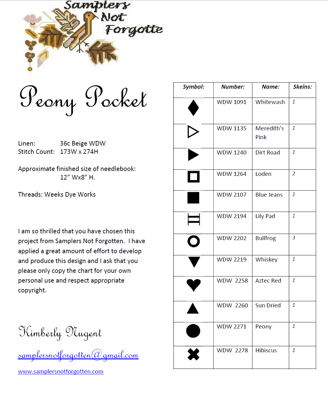 Peony Pocket and Accessories Chart - Samplers Not Forgotten - Cross Stitch Pattern
