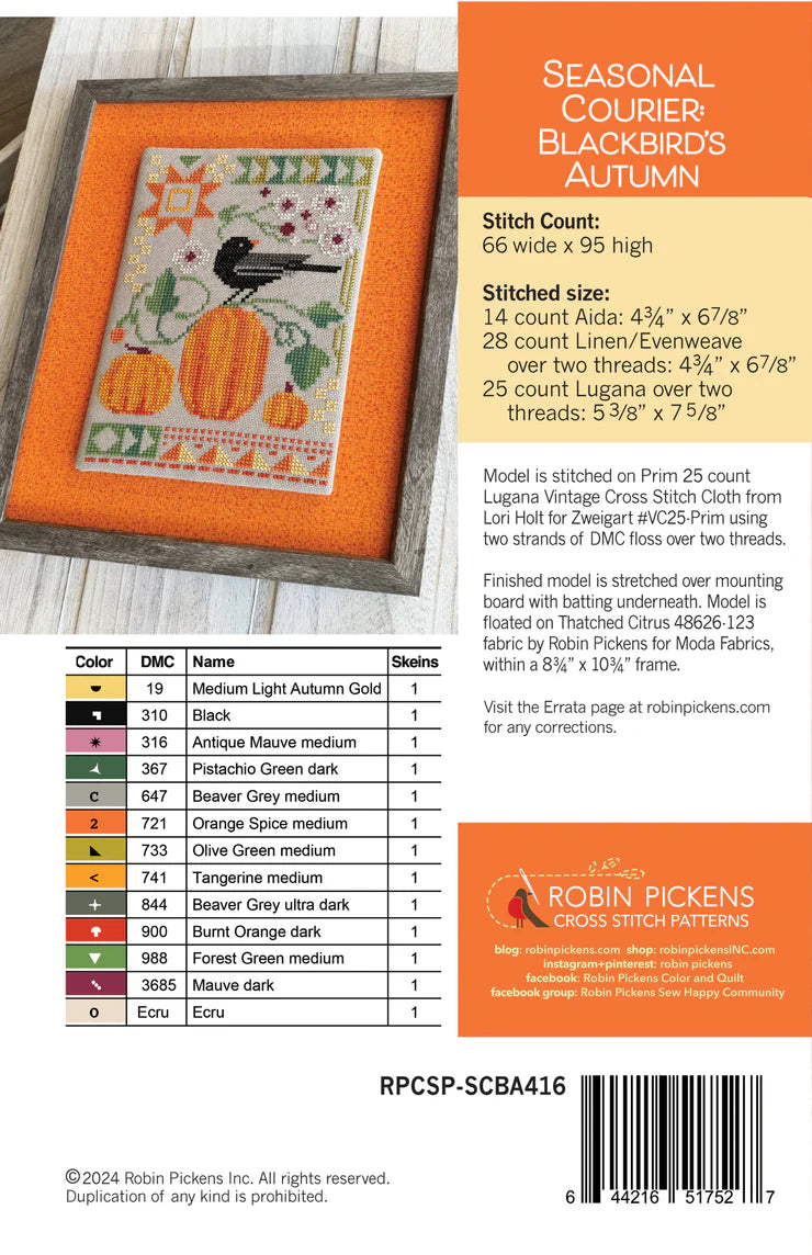 Seasonal Courier: Blackbird's Autumn - Robin Pickens Cross Stitch Patterns, The Crafty Grimalkin - A Cross Stitch Store