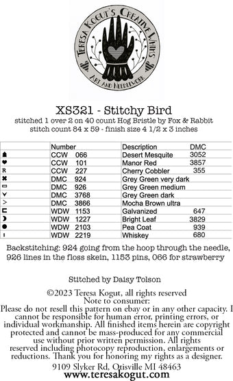 Stitchy Bird - Teresa Kogut - Cross Stitch Pattern, Needlecraft Patterns, The Crafty Grimalkin - A Cross Stitch Store