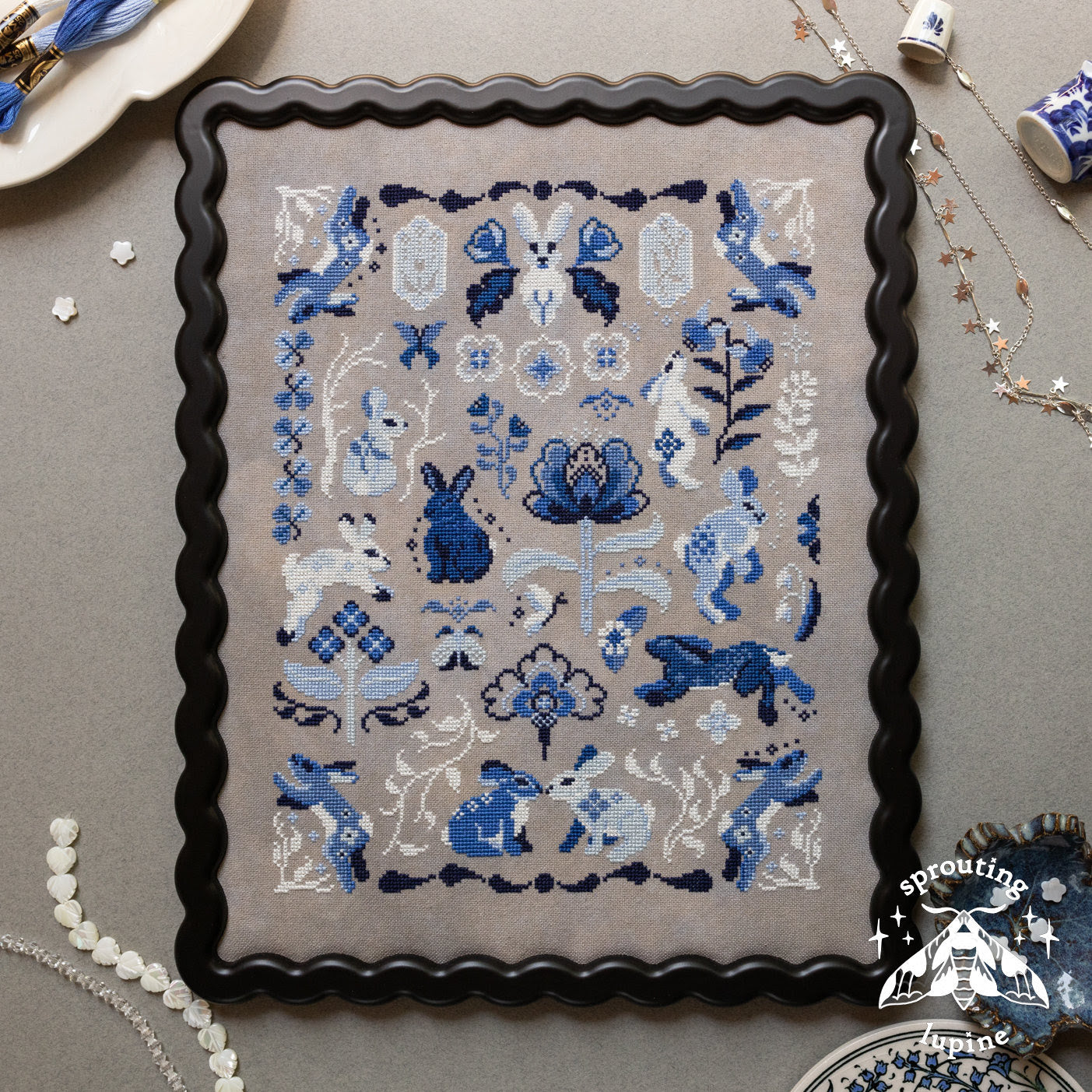 PREORDER Delft Bunnies - Sprouting Lupine - Cross Stitch Pattern