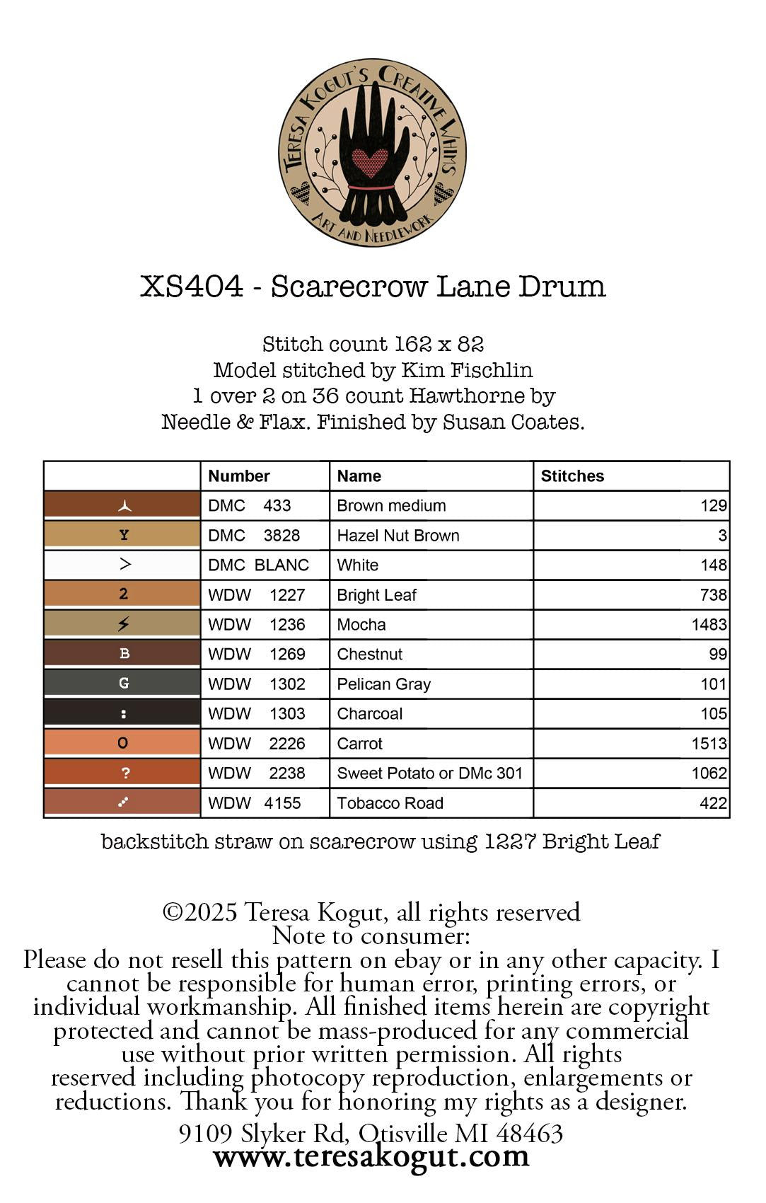PREORDER Scarecrow Lane Drum - Teresa Kogut - Cross Stitch Pattern