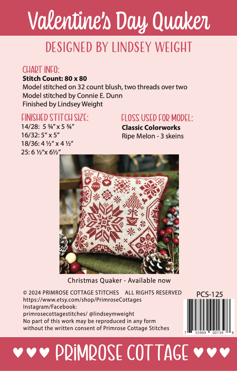 Valentine's Day Quaker - Primrose Cottage Stitches - Cross Stitch Patterns, Needlecraft Patterns, Needlecraft Patterns, The Crafty Grimalkin - A Cross Stitch Store