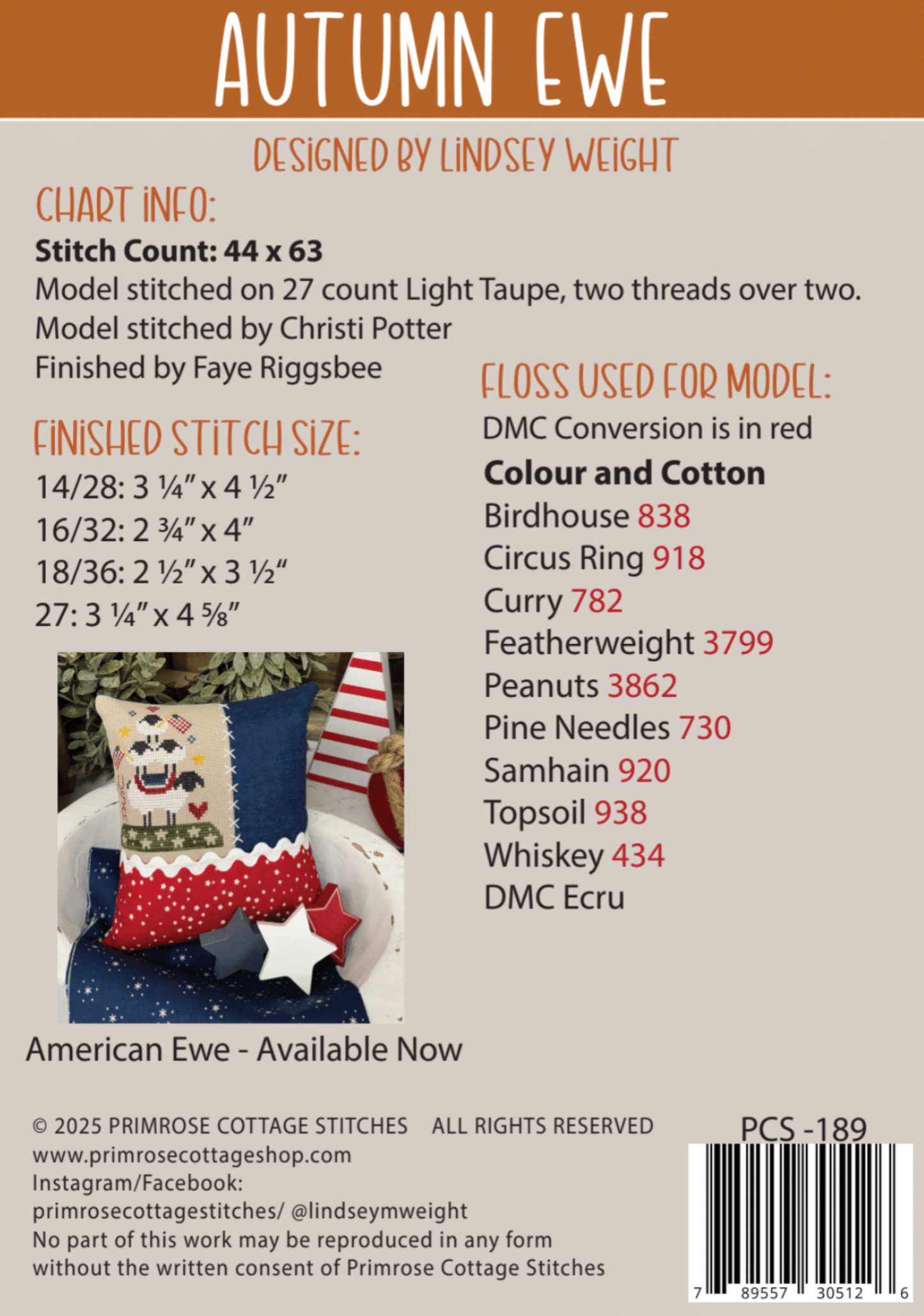 Autumn Ewe - Primrose Cottage - Cross Stitch Pattern