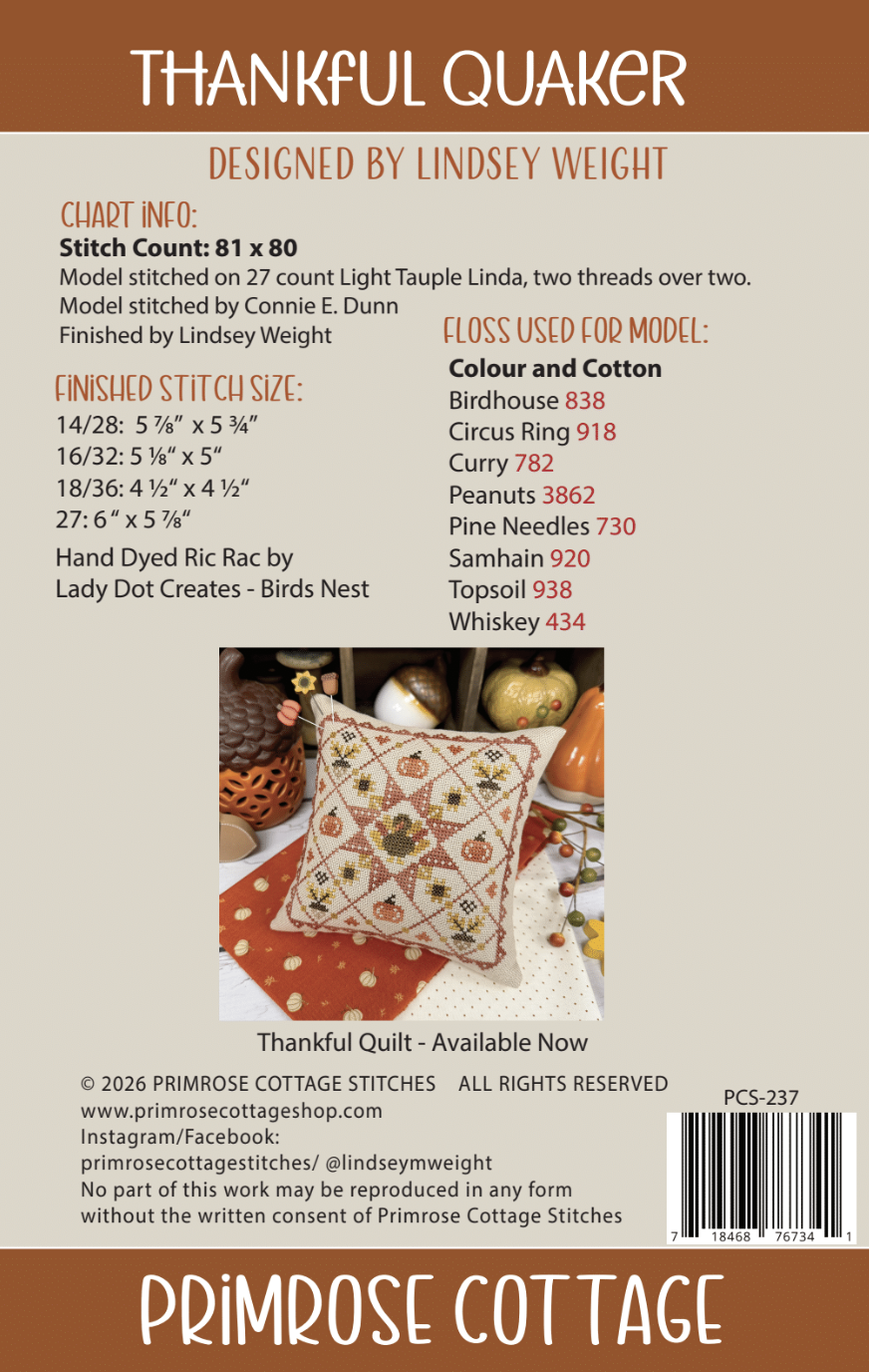 PREORDER Thankful Quaker - Primrose Cottage Stitches - Cross Stitch Pattern