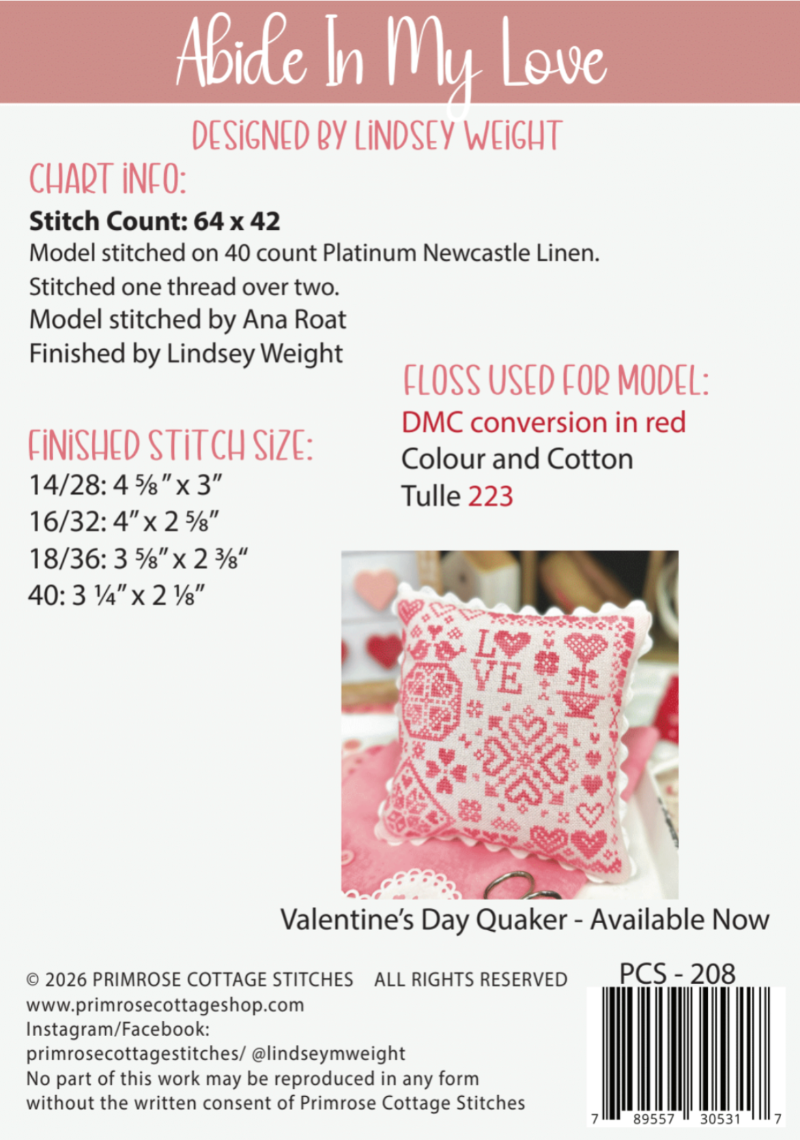 Abide In My Love - Primrose Cottage - Cross Stitch Pattern