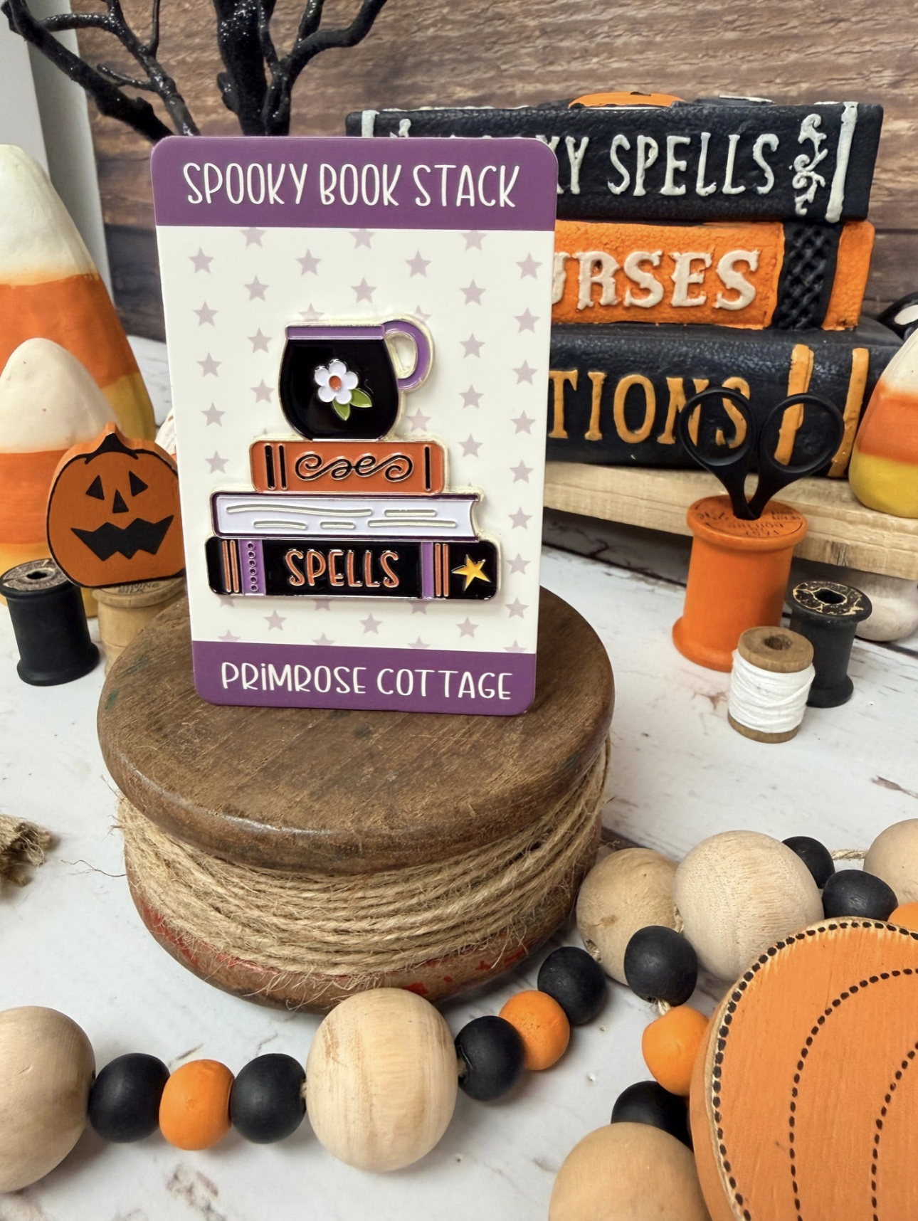 PREORDER Spooky Book Stack Needle Minder - Primrose Cottage Stitches