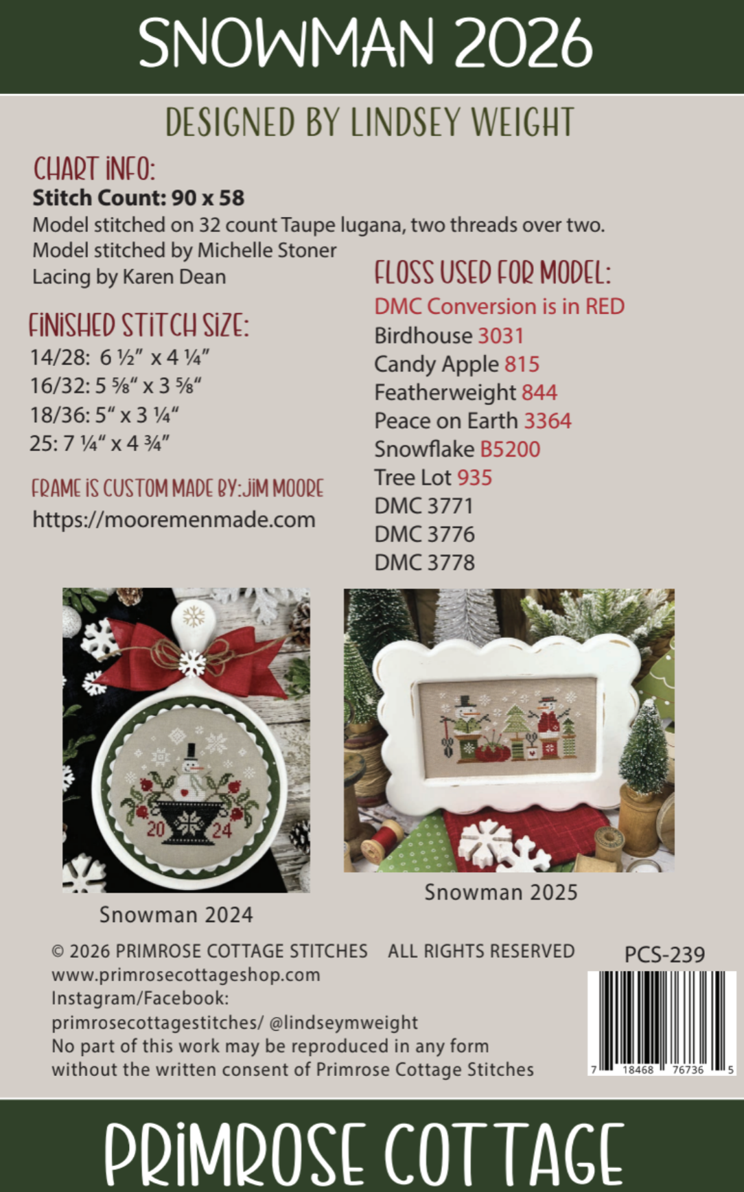 PREORDER Snowman 2026 - Primrose Cottage Stitches - Cross Stitch Pattern