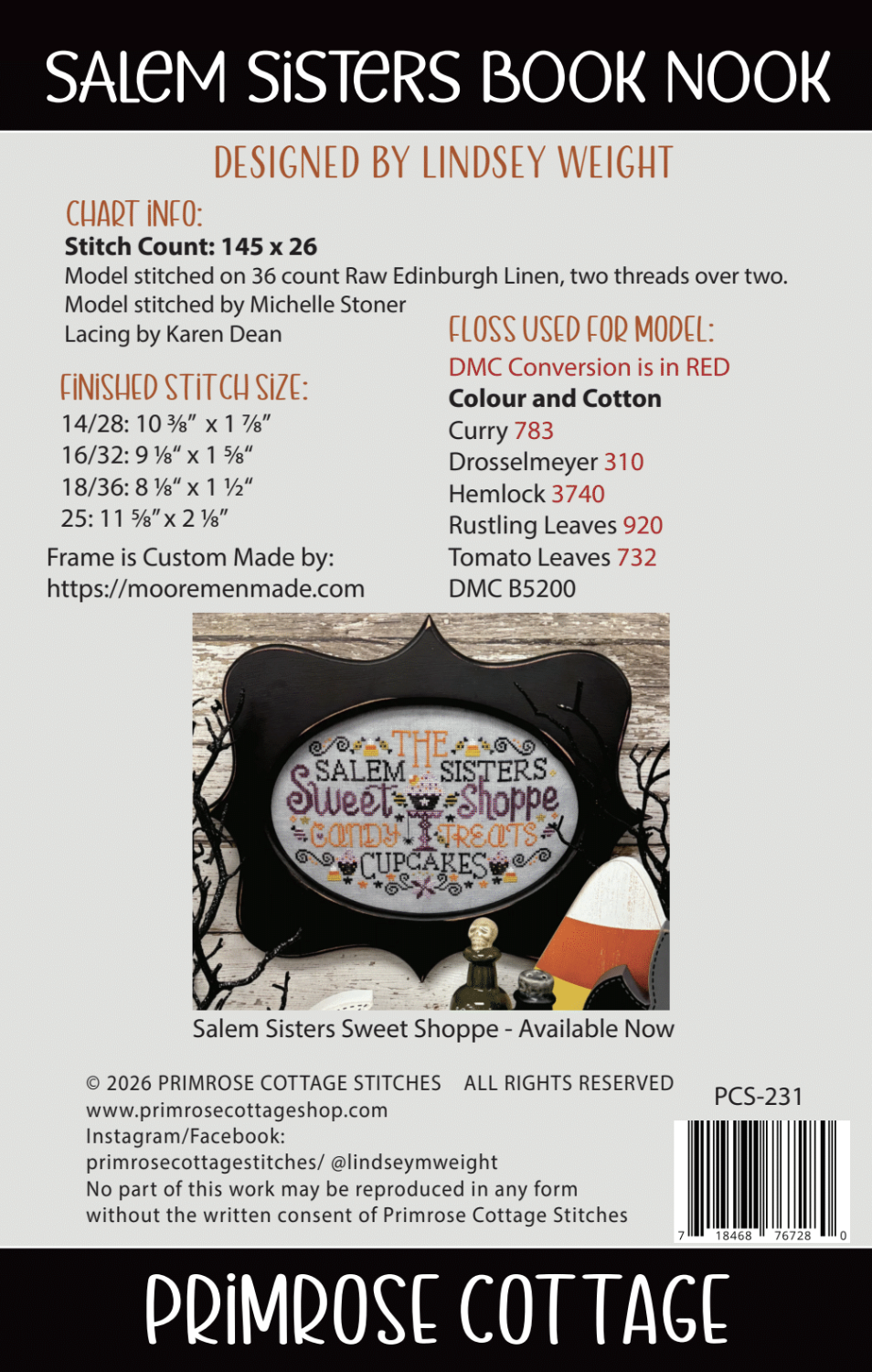 PREORDER Salem Sisters Book Nook - Primrose Cottage Stitches - Cross Stitch Pattern