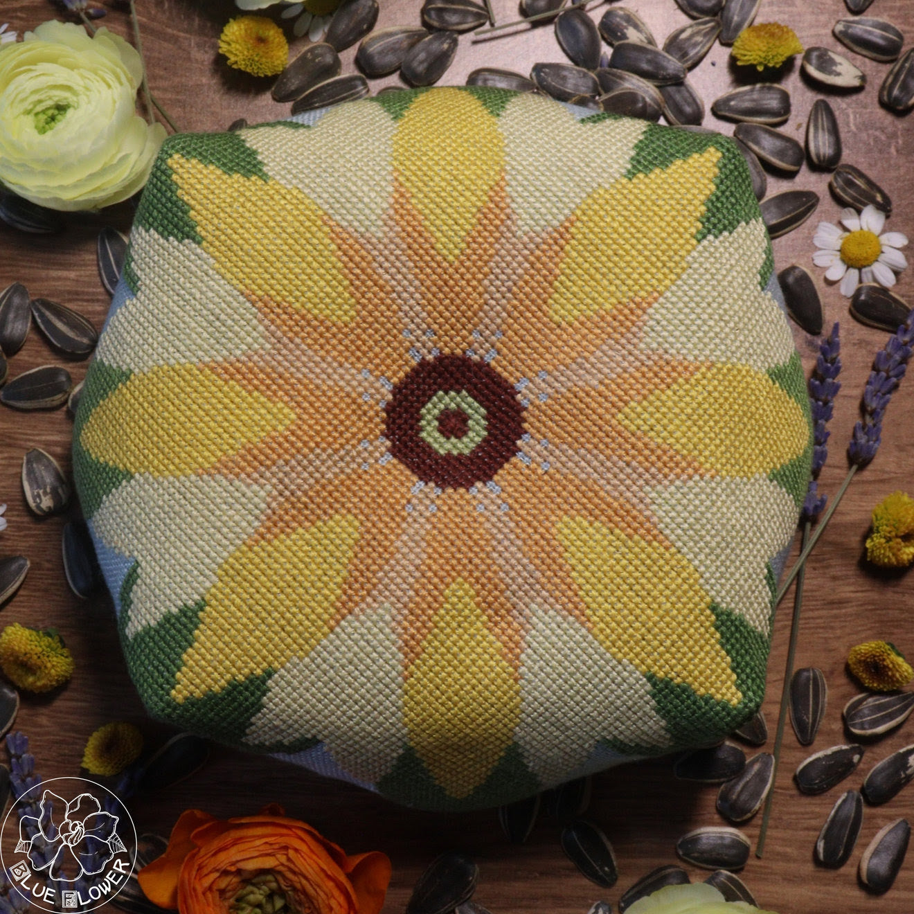 Sunflower Biscornu - Blue Flower - Cross Stitch Pattern, Books, The Crafty Grimalkin - A Cross Stitch Store