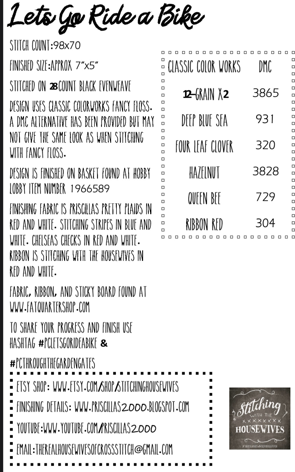 Let's Go Ride A Bike-Through the Garden Gates - Stitching with the Housewives - Cross Stitch Pattern, Needlecraft Patterns, The Crafty Grimalkin - A Cross Stitch Store