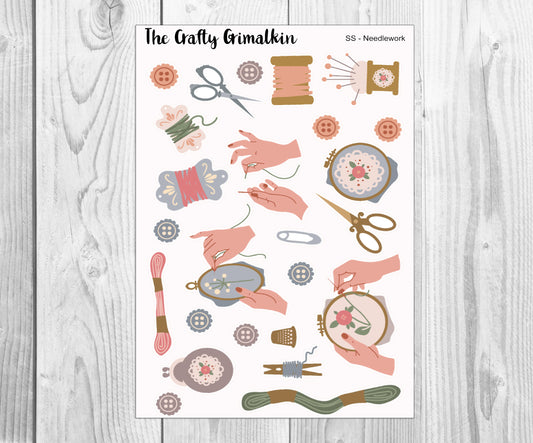 Needlework/Sewing Sticker Sheet for Journals, Scrapbooks or Planners, Decorative Stickers, Decorative Stickers, The Crafty Grimalkin - A Cross Stitch Store