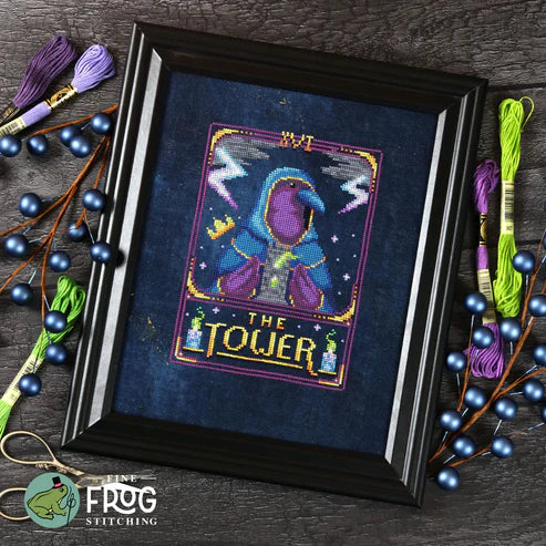 PREORDER Feather Tarot: The Tower - Fine Frog Stitching - Cross Stitch Pattern, Needlecraft Patterns, The Crafty Grimalkin - A Cross Stitch Store