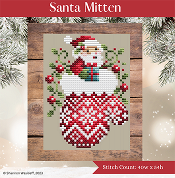 Santa Mitten - Shannon Christine Designs - Cross Stitch Pattern, Needlecraft Patterns, The Crafty Grimalkin - A Cross Stitch Store