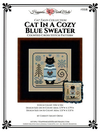 Cat in a Cozy Blue Sweater - Happiness is HeartMade - Cross Stitch Pattern, Cross Stitch Patterns, The Crafty Grimalkin - A Cross Stitch Store