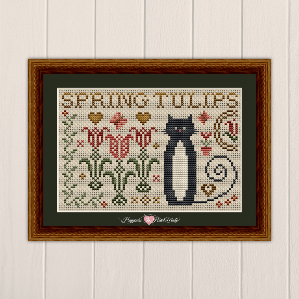 Cat with Spring Tulips - Happiness is HeartMade - Cross Stitch Pattern, Cross Stitch Patterns, The Crafty Grimalkin - A Cross Stitch Store