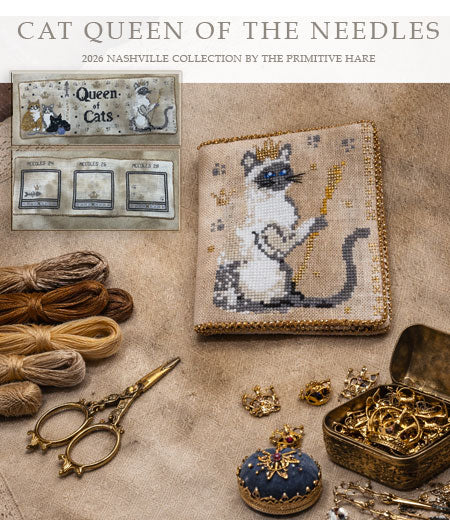 CATS QUEEN OF THE NEEDLES - Primitive Hare Cross Stitch Pattern