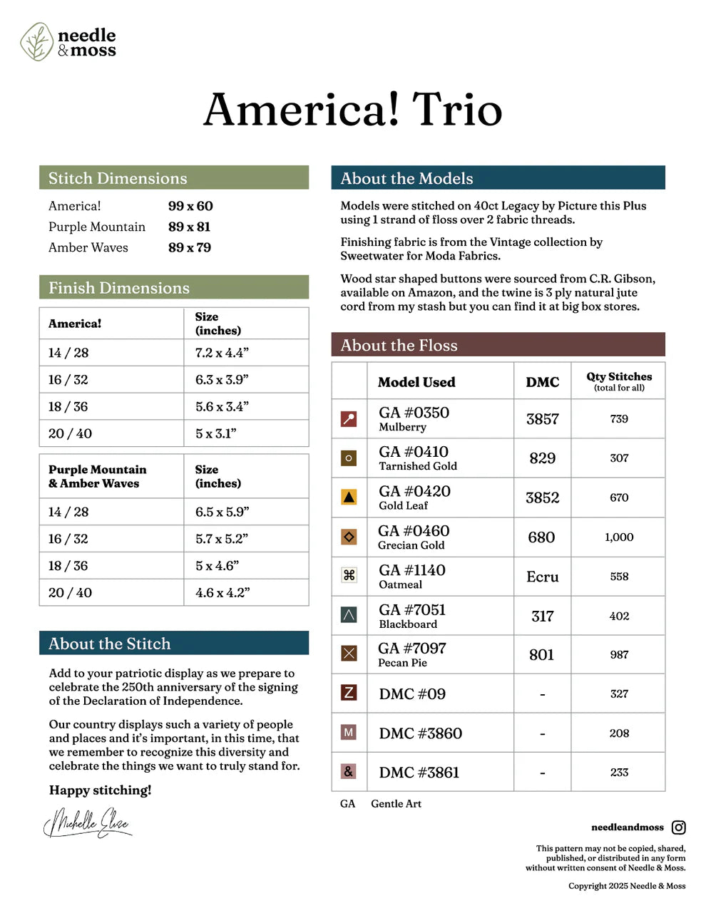 America! Trio - Needle & Moss - Cross Stitch Pattern
