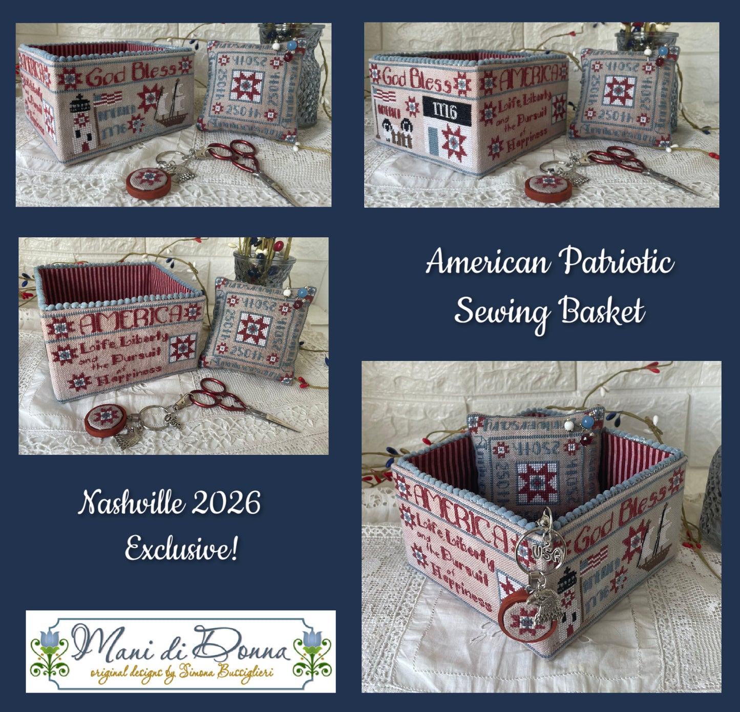 American Patriotic Sewing Basket - Mani Di Donna - Cross Stitch Pattern