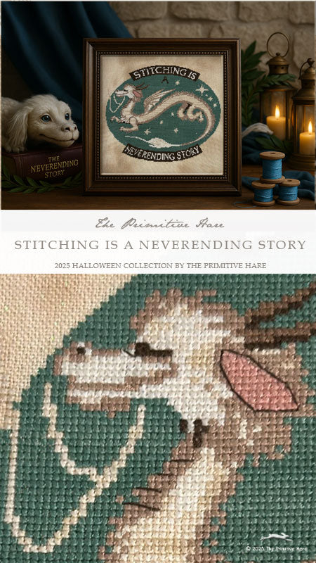 PREORDER Stitching is a Neverending Story - Primitive Hare - Cross Stitch Pattern