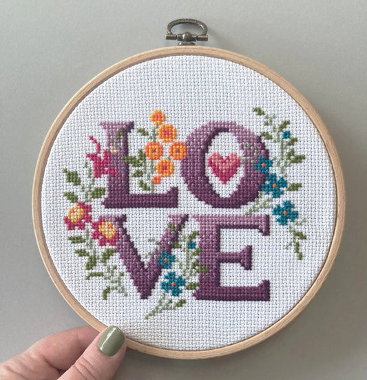 Four Letter Floral - Love -  Cross Stitch Kit - Love Poppet, Needlecraft Patterns, The Crafty Grimalkin - A Cross Stitch Store