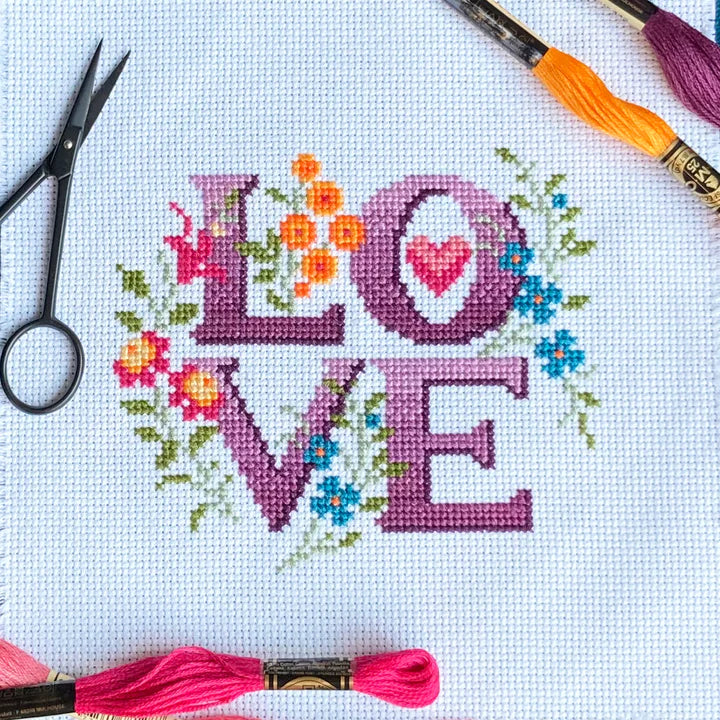Four Letter Floral - Love -  Cross Stitch Kit - Love Poppet, Needlecraft Patterns, The Crafty Grimalkin - A Cross Stitch Store