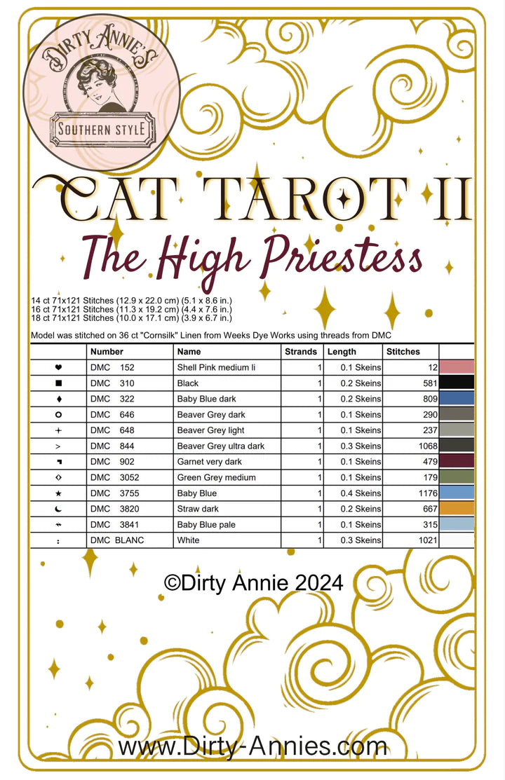 PRE-ORDER Cat Tarot II - The High Priestess - Dirty Annie's - Cross Stitch Pattern, Needlecraft Patterns, Needlecraft Patterns, The Crafty Grimalkin - A Cross Stitch Store