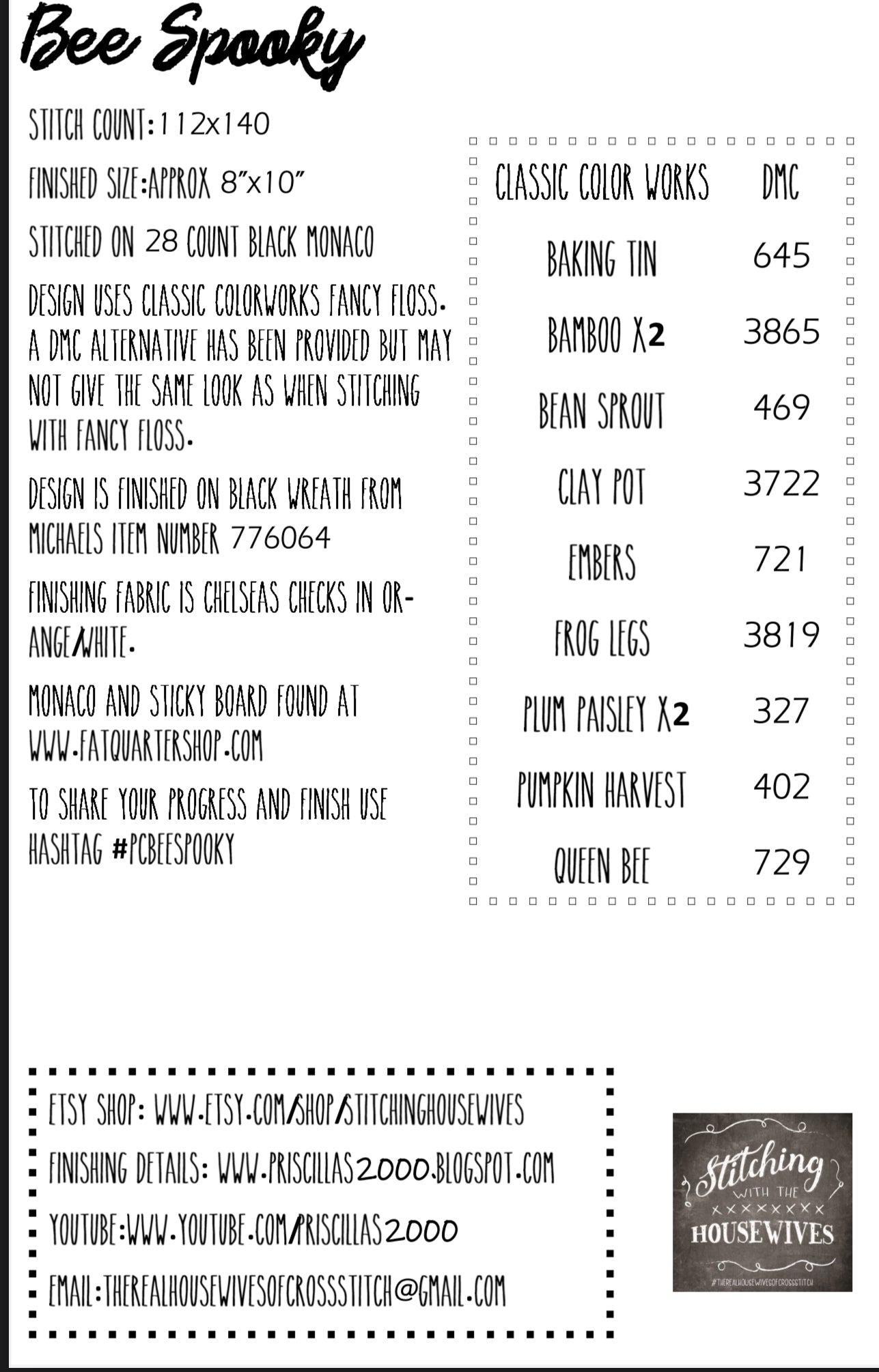 Bee Spooky - Stitching with the Housewives - Cross Stitch Pattern