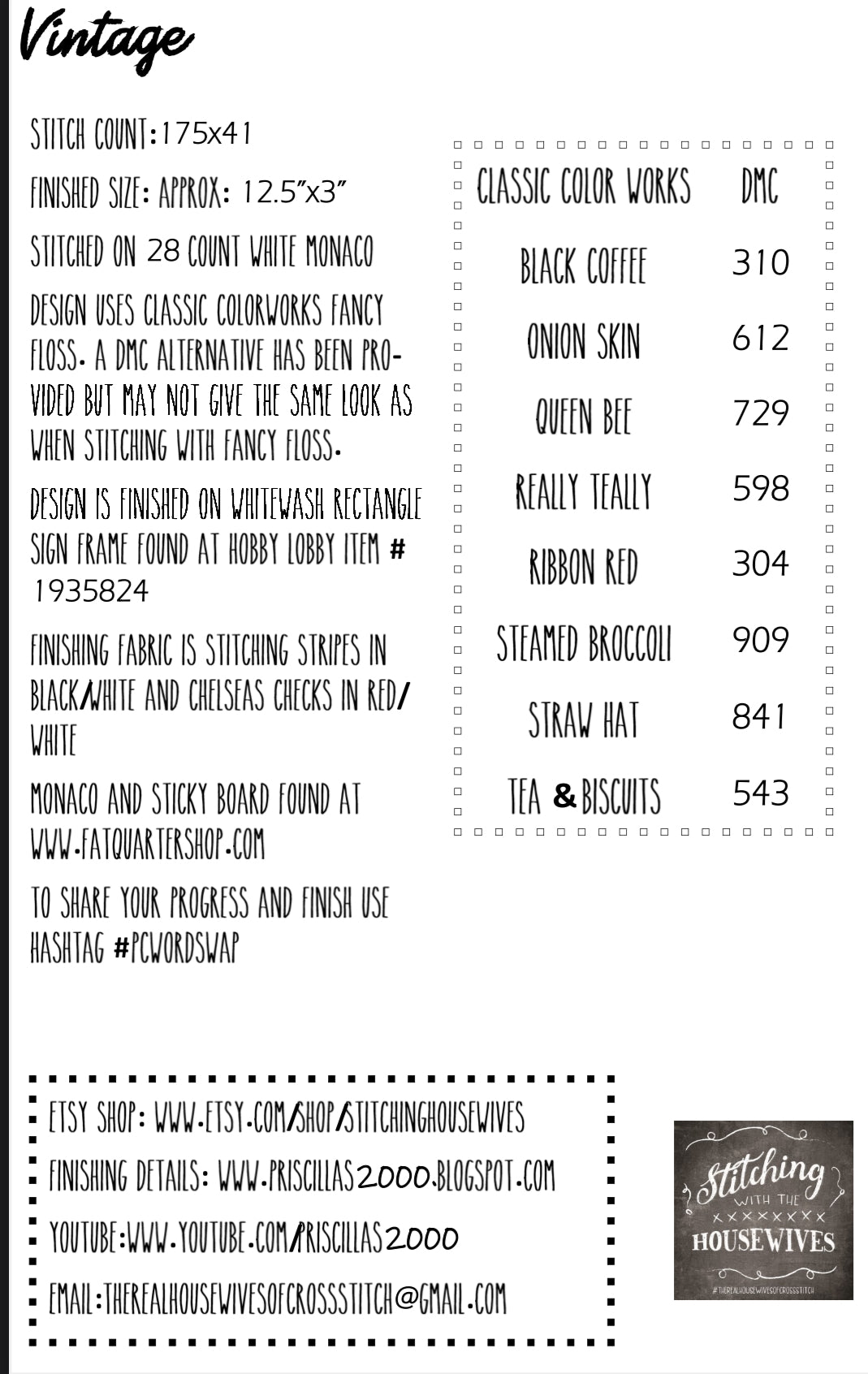 Vintage - Word Swap Series - Stitching with the Housewives - Cross Stitch Pattern