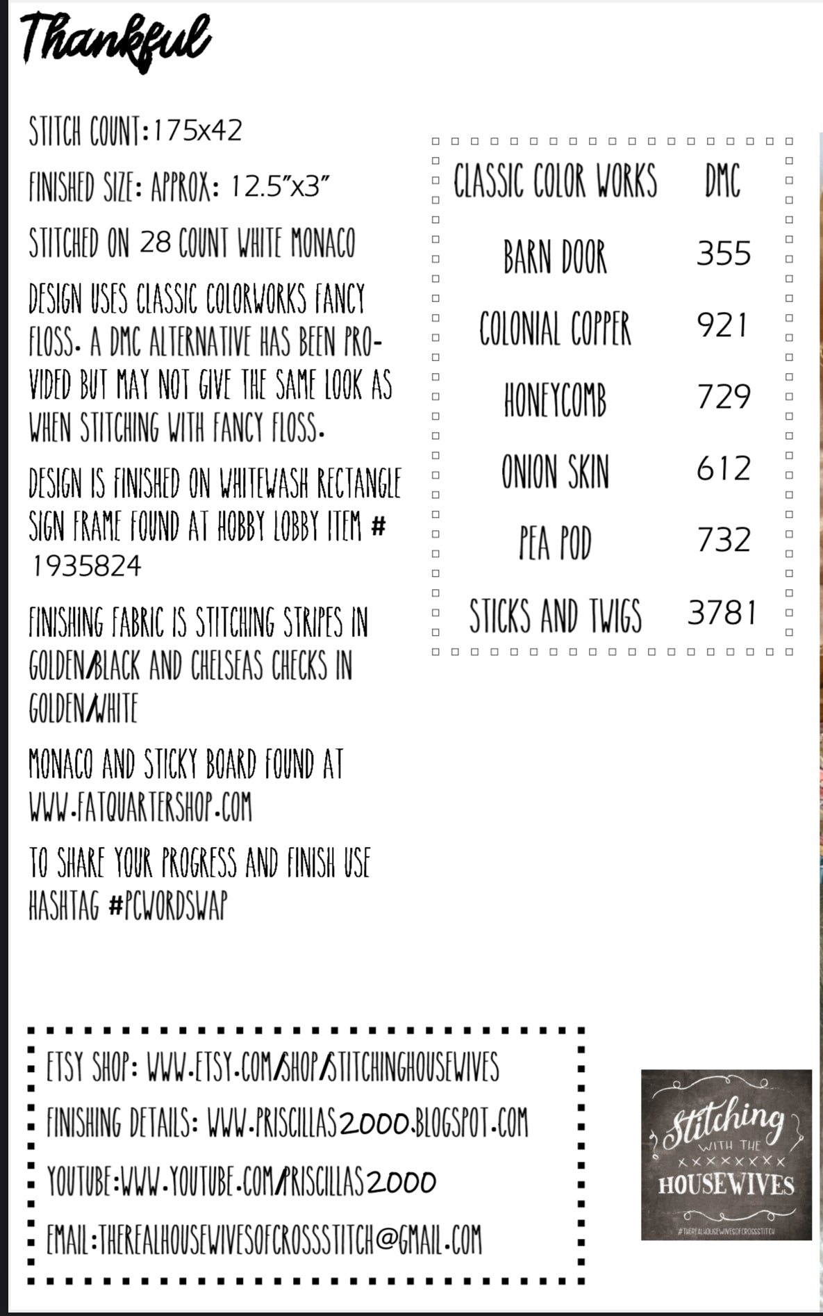 Thankful - Word Swap Series - Stitching with the Housewives - Cross Stitch Pattern