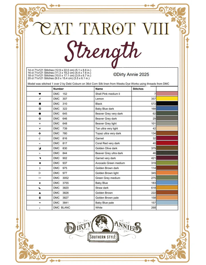 Cat Tarot VIII - Strength - Dirty Annie's - Cross Stitch Pattern, Needlecraft Patterns, Needlecraft Patterns, The Crafty Grimalkin - A Cross Stitch Store