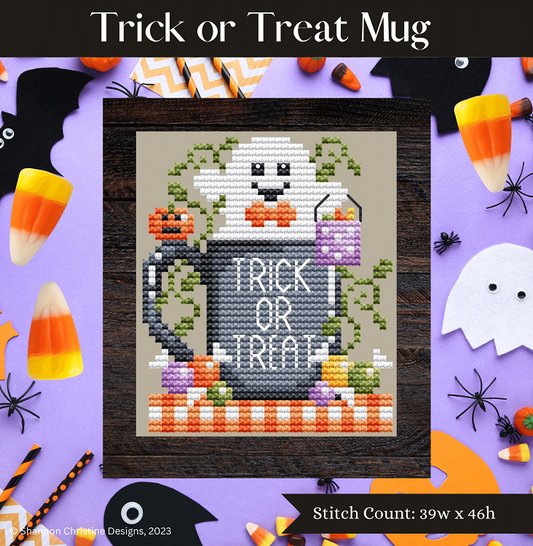 Trick or Treat Mug - Shannon Christine Designs - Cross Stitch Pattern, Needlecraft Patterns, The Crafty Grimalkin - A Cross Stitch Store