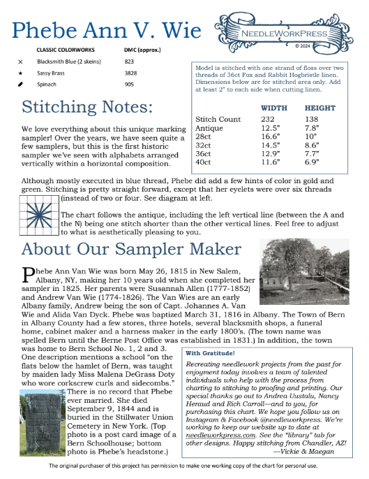 PREORDER Phebe Ann V. Wie Needlework Press Cross Stitch Pattern