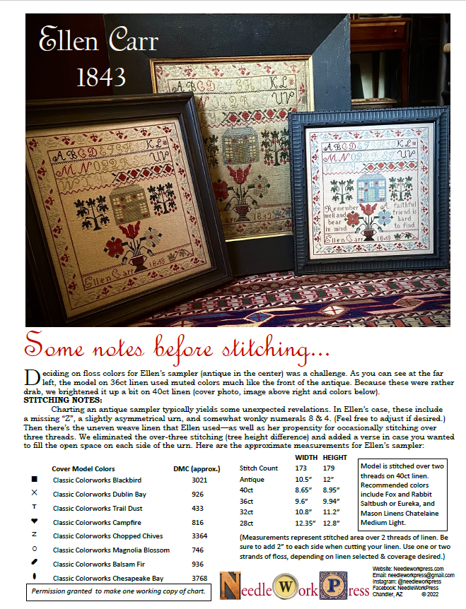 PREORDER Ellen Carr 1843 Sampler Needlework Press Cross Stitch