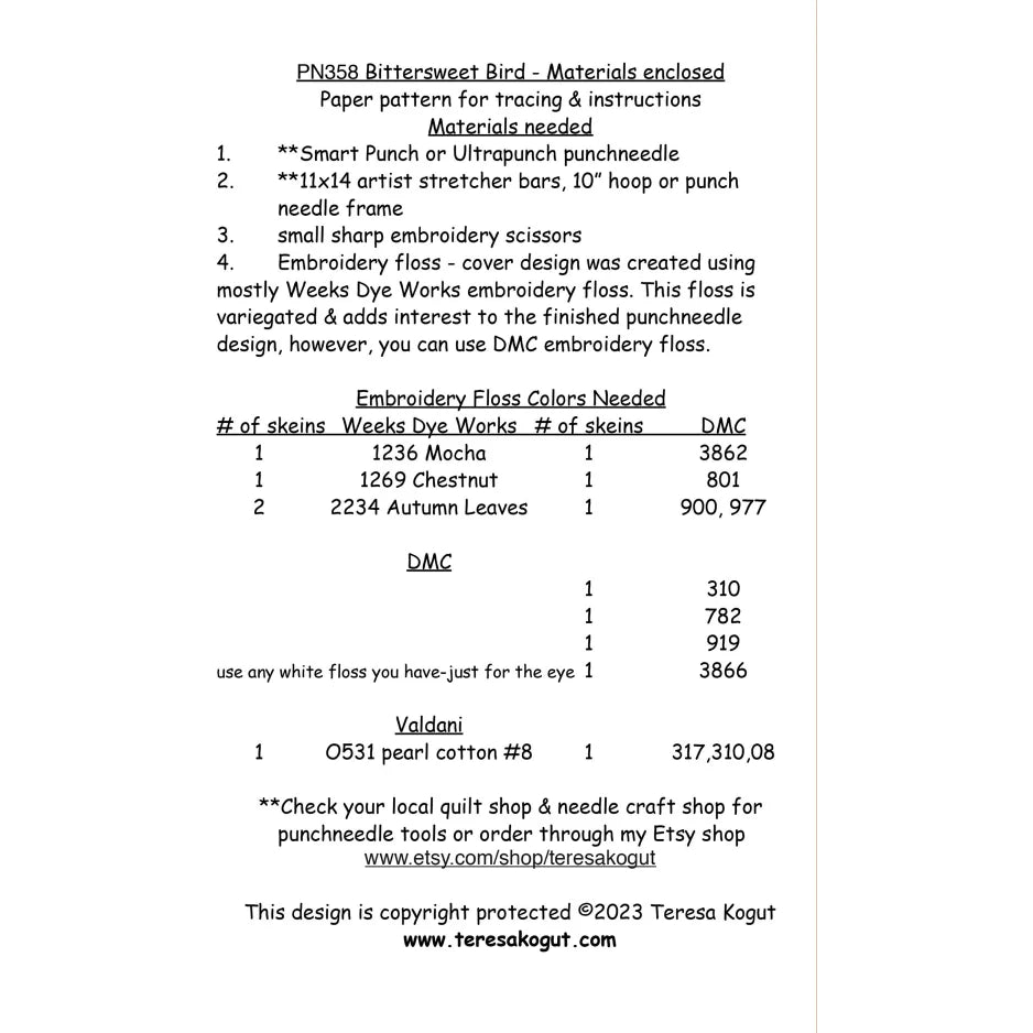 Bittersweet Bird - Teresa Kogut - Punch Needle Pattern