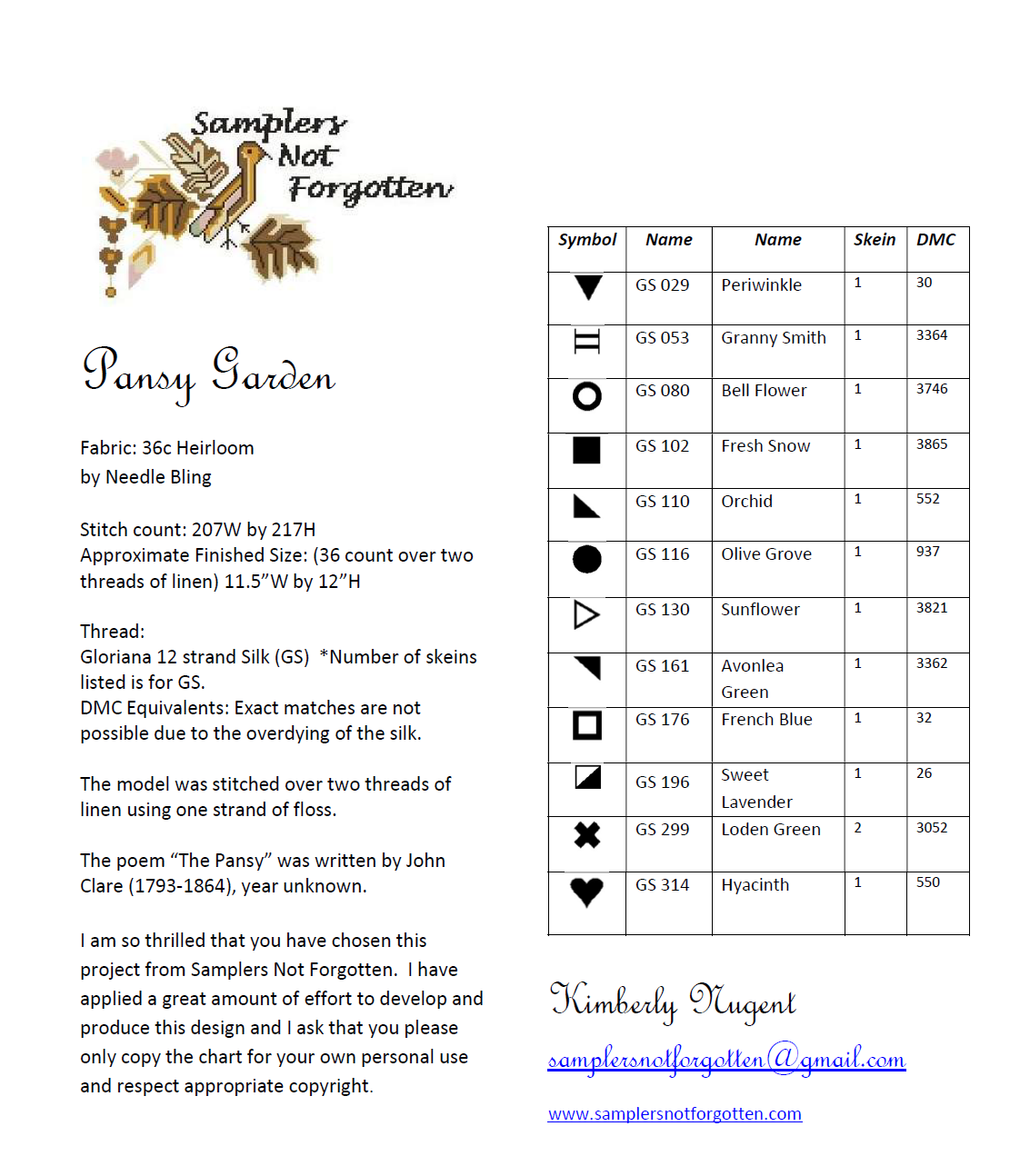 Pansy Garden Sampler Chart - Samplers Not Forgotten - Cross Stitch Pattern