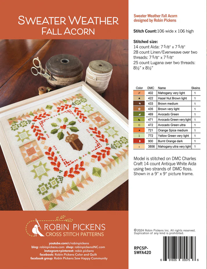 Sweater Weather Fall Acorn - Robin Pickens Cross Stitch Patterns