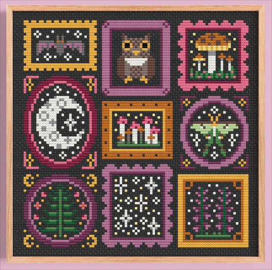 PREORDER Mini Frames: Night - Una Buena Pieza - Cross Stitch Pattern, Cross Stitch Patterns, The Crafty Grimalkin - A Cross Stitch Store