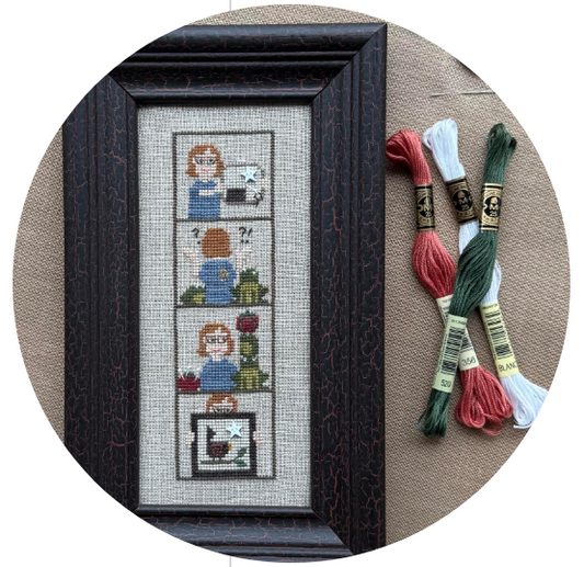 Framed cross-stitch artwork with text about 'A Stitcher's Life' photobooth on a white background.
