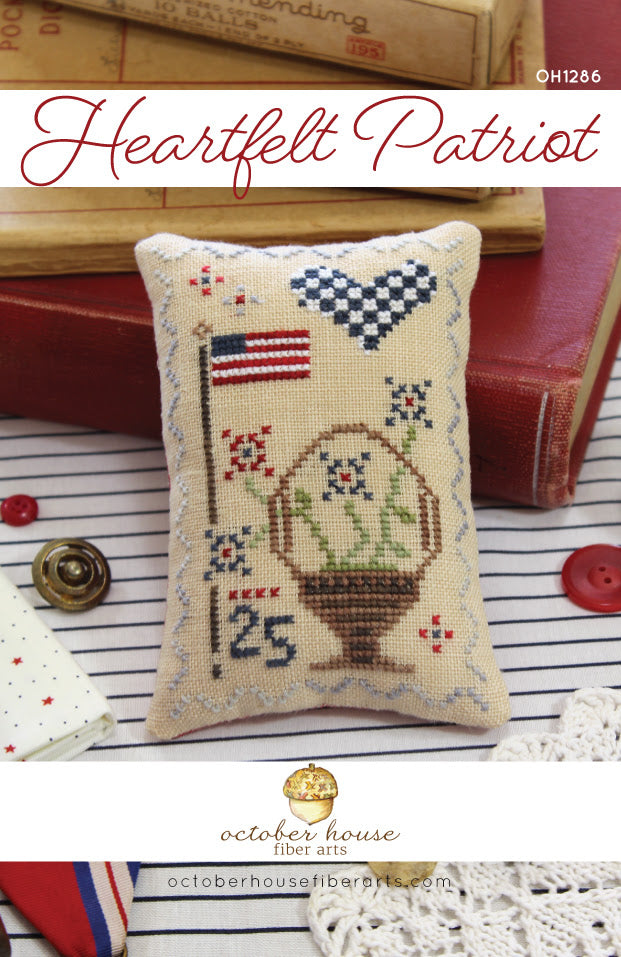 Heartfelt Patriot - October House Fiber Arts - Cross Stitch Pattern, Needlecraft Patterns, The Crafty Grimalkin - A Cross Stitch Store