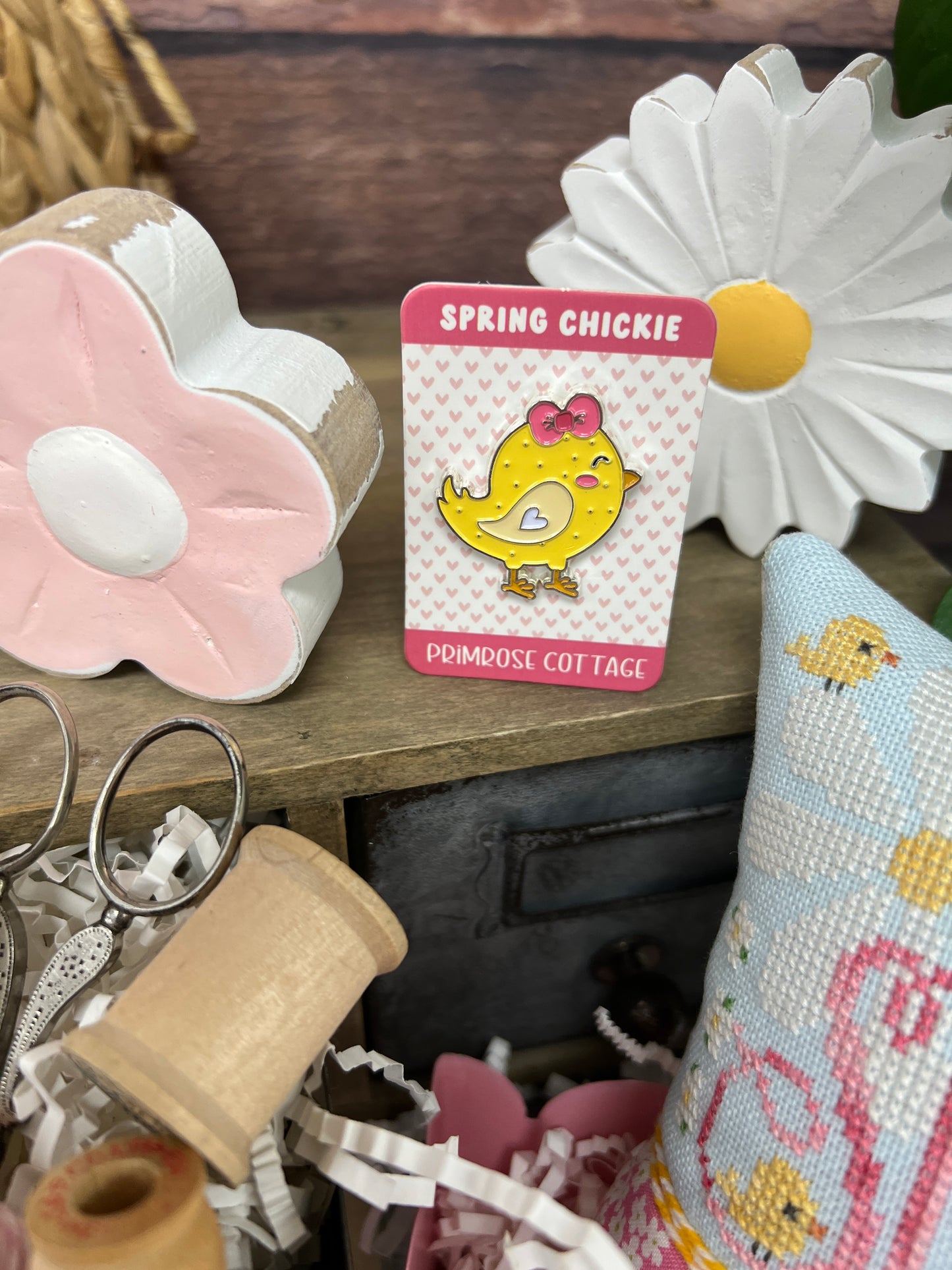 Spring Chickie Enamel Needle Minder - Primrose Cottage Stitches, Needlecraft Patterns, Needlecraft Patterns, The Crafty Grimalkin - A Cross Stitch Store