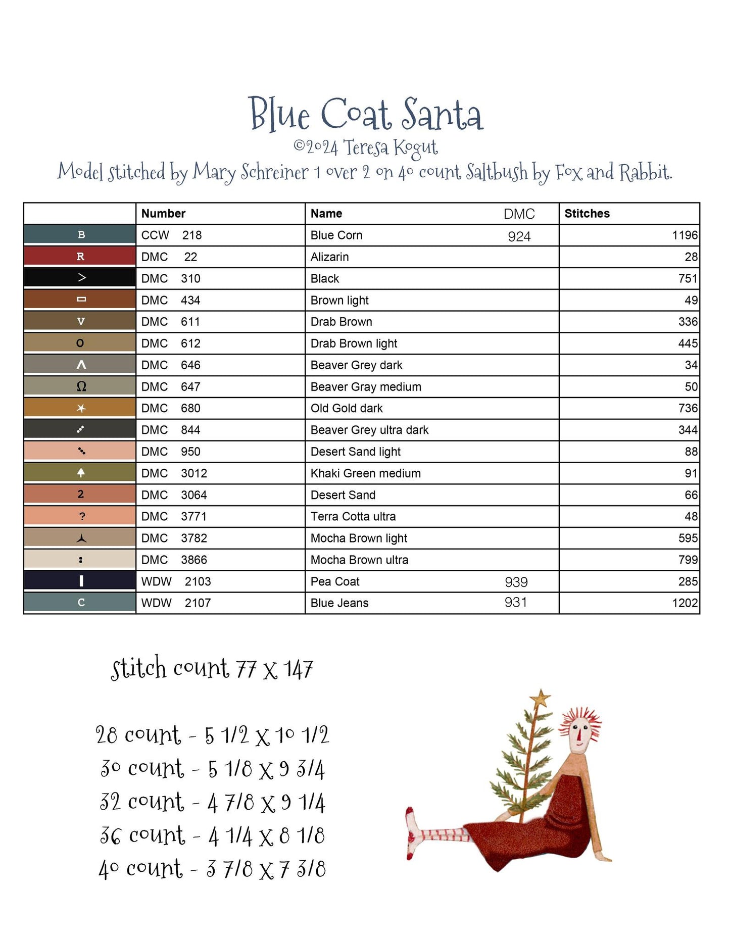 Blue Coat Santa - Teresa Kogut - Cross Stitch Pattern