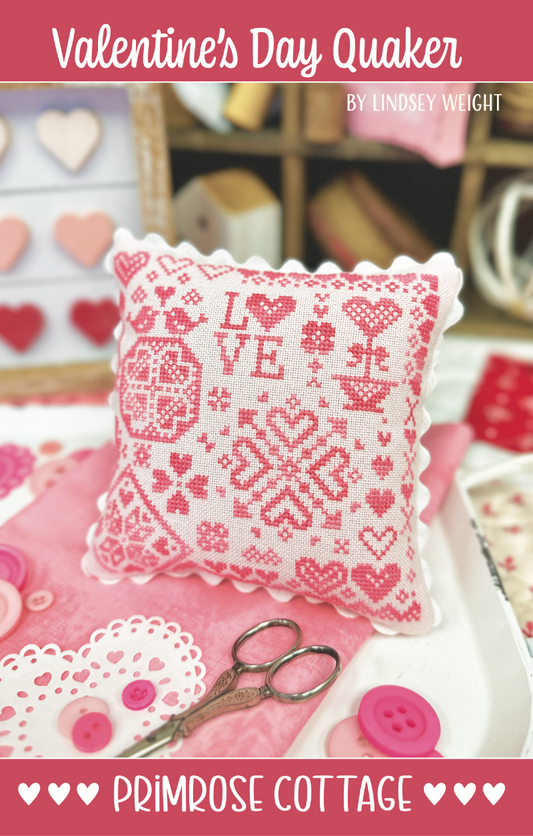 Valentine's Day Quaker - Primrose Cottage Stitches - Cross Stitch Patterns, Needlecraft Patterns, Needlecraft Patterns, The Crafty Grimalkin - A Cross Stitch Store