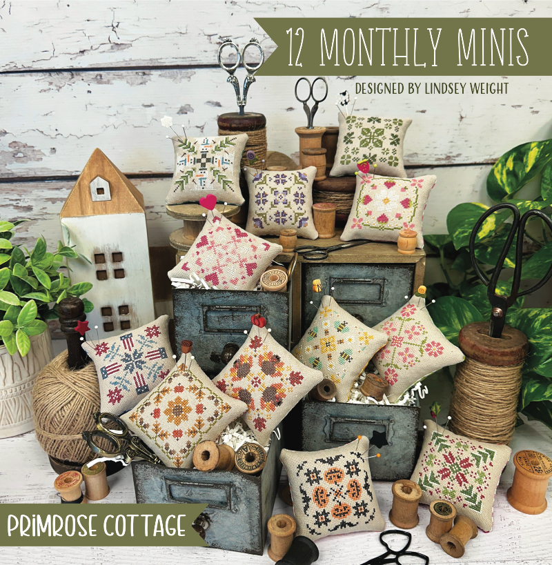 PRE-ORDER 12 Monthly Minis - Primrose Cottage Stitches - Cross Stitch Patterns, Needlecraft Patterns, Needlecraft Patterns, The Crafty Grimalkin - A Cross Stitch Store